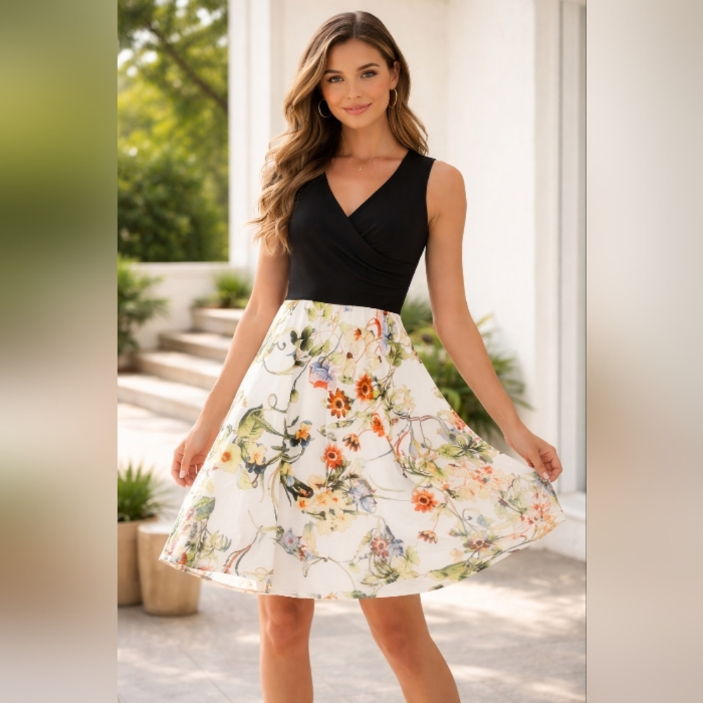 Floral Sleeveless Dress with Black Top Mixed Media. Stretchy